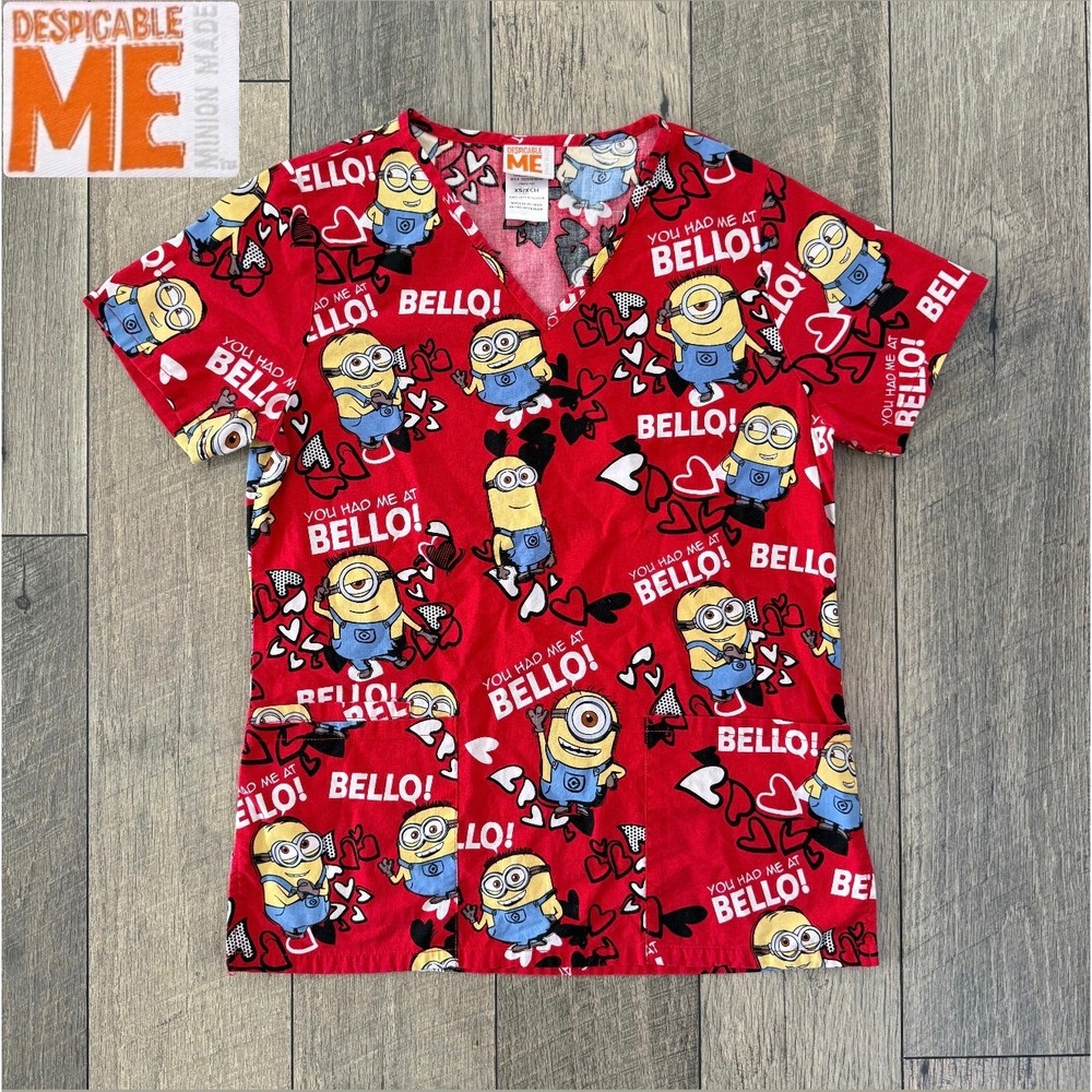 Despicable Me Minions Red Scrub Top XS You Had Me At Bello V-Neck Cotton Scrub